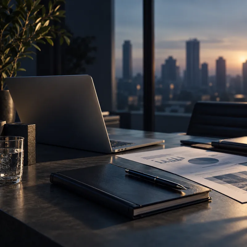Mesa de trabalho com documentos e notebook