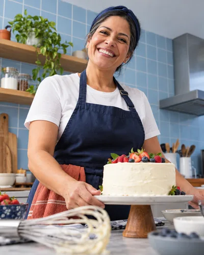 Confeiteira de avental azul sorri com um bolo sobre o balcão de trabalho.