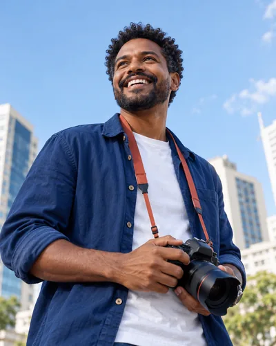 Fotógrafo sorri ao ar livre com uma câmera e alça terracota, contra o céu azul.