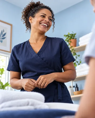 Massoterapeuta de uniforme azul ri durante uma conversa em uma sala de atendimento clara.