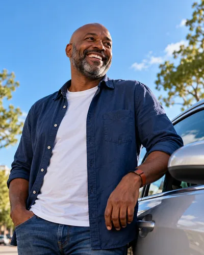 Motorista de camisa azul sorri ao lado de seu carro estacionado, sob o céu claro.