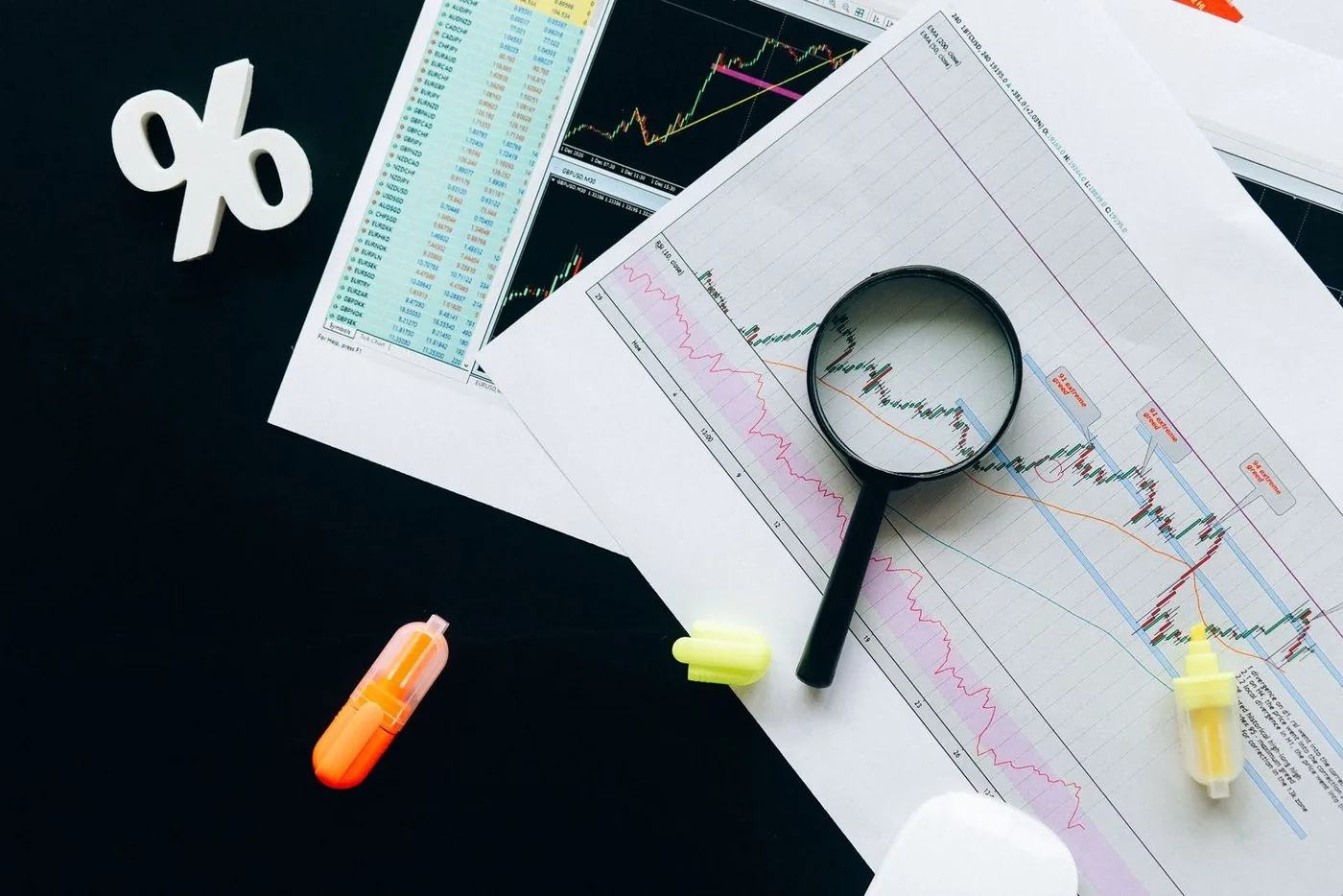 Gráficos de mercado impressos, com lupa e marca-texto sobre a mesa